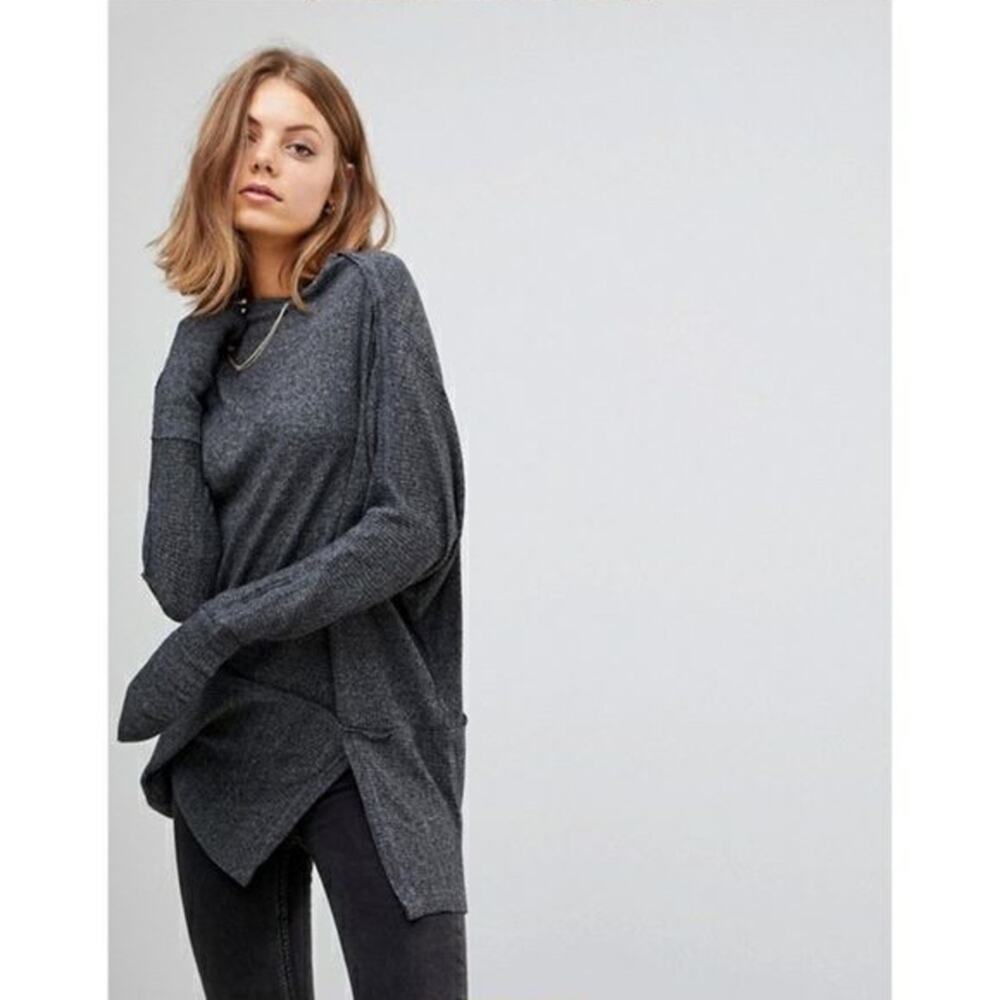 Free People Sweater Londowntown Dark‎ Gray Asymmetrical Thermal Long Sleeve Top